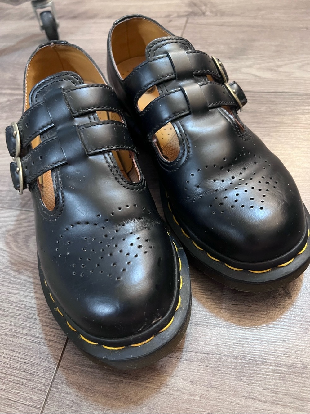 Dr. Martens Black Leather Mary Jane Shoes with Yellow Stitching